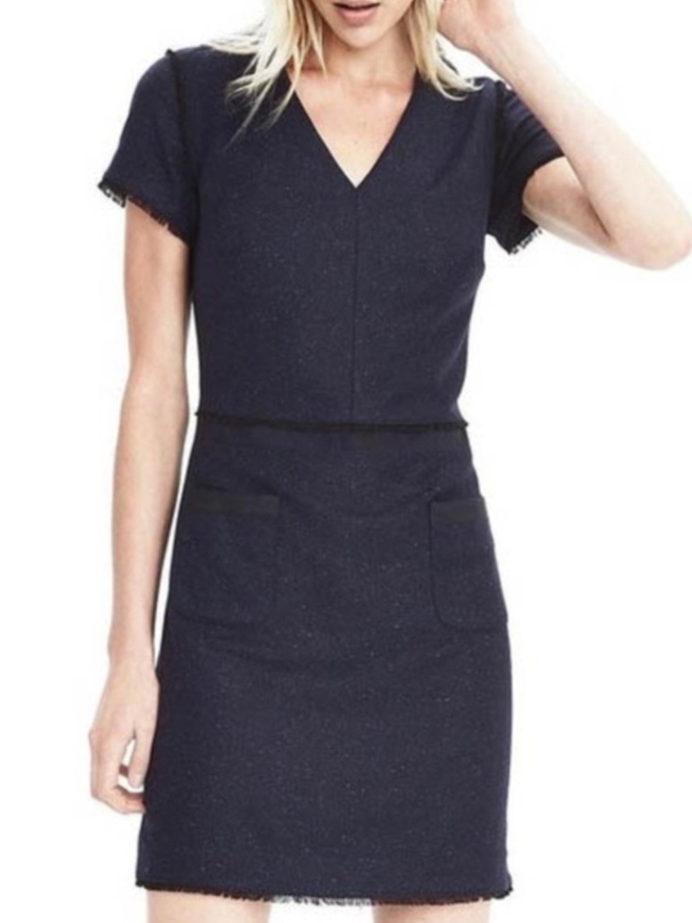 Banana Republic Classic V-Neck Short Sleeve Tweed Sheath Dress in Navy Sz 6